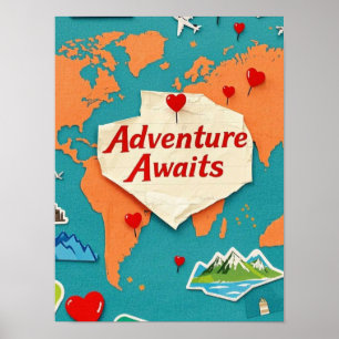 Reis de wereldkaart af met hartspeldjes poster