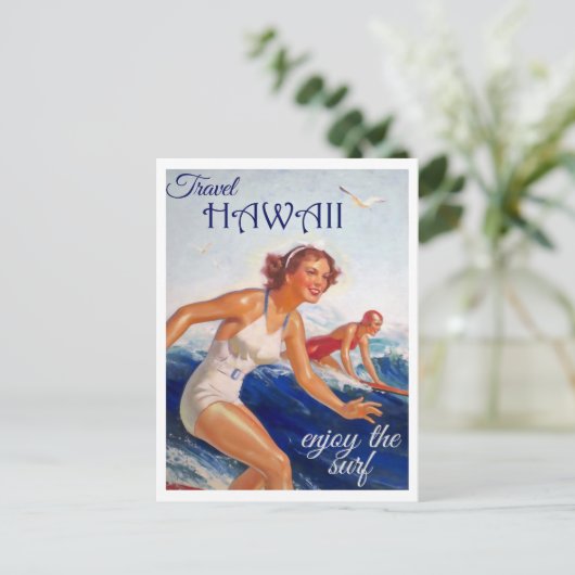 Reis Hawaii, geniet van het Surf, Retro Briefkaart (Staand voorkant)