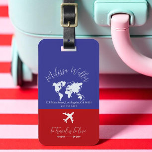 Reis Label met Wereldkaart en Vliegtuig rood blauw Bagagelabel