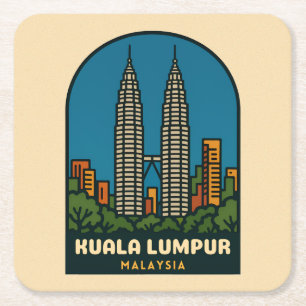 Reis naar Kuala Lumpur Maleisië Retro Stijl Vierkante Kartonnen Onderzetter