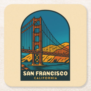 Reis naar San Francisco Golden Gate Bridge in vint Vierkante Kartonnen Onderzetter