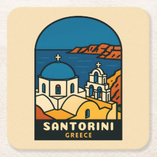 Reis naar Santorini Griekenland Retro Kust Vierkante Kartonnen Onderzetter