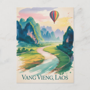 Reis naar Vang Vieng Laos aquarel uit vroeger tijd Briefkaart