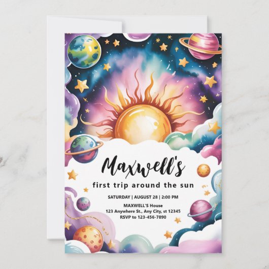 Reis rond de zon Aquarel jongen 1e verjaardag Kaart (Voorkant)