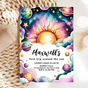 Reis rond de zon Aquarel jongen 1e verjaardag Kaart