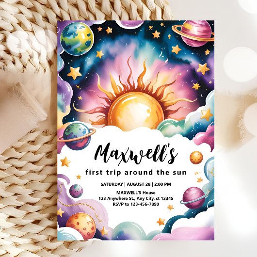 Reis rond de zon Aquarel jongen 1e verjaardag Kaart