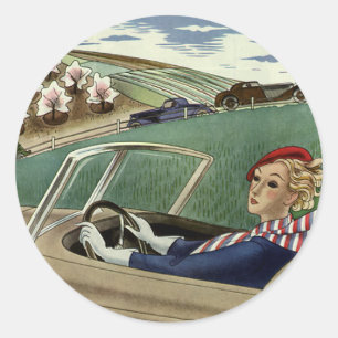 Reis uit het verleden, elegante vrouw in cabriolet ronde sticker