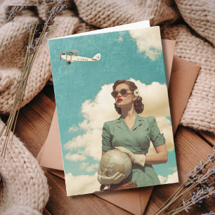 Reis Verjaardag Vintage Retro Vrouw Kaart & Vliegt