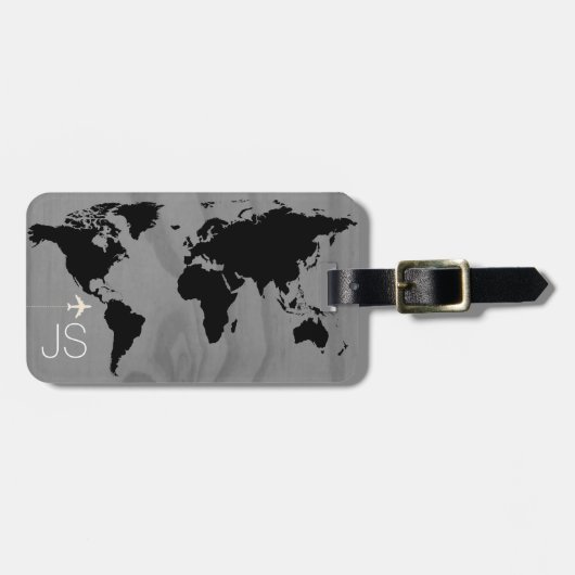 Reis wereldkaart op maat zwart & wit bagagelabel (Voorkant horizontaal)
