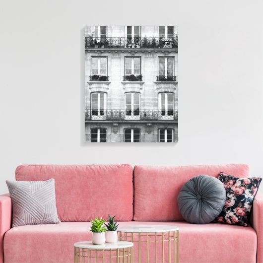 Reis | Zwart-wit  gebouw in Parijs Canvas Afdruk (Insitu (Woonkamer))