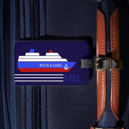 Reisboot cruise - gepersonaliseerd blauw & rood bagagelabel (Voorkant Insitu 4)