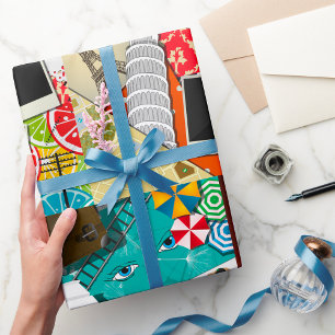 Reiscollage met iconische bezienswaardigheden Vaka Cadeaupapier