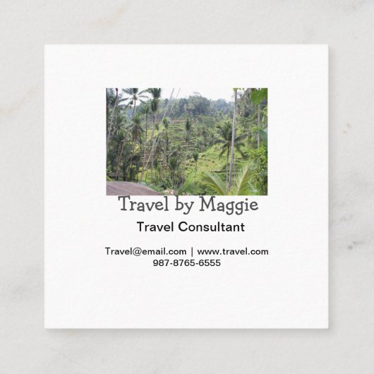 Reisconsulent bedrijf naam e-mail website toevoege vierkante visitekaartje (Achterkant)