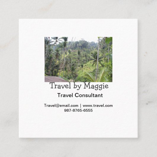 Reisconsulent bedrijf naam e-mail website toevoege vierkante visitekaartje (Voorkant)