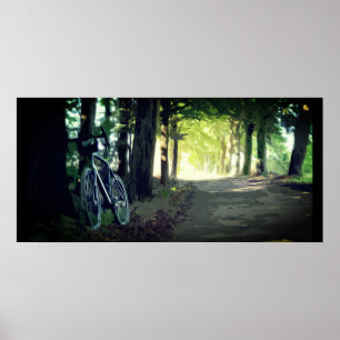 Reisfiets op een verlaten weg in het poster van de