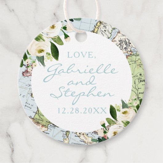 Reiskaart met bloemen in blauw, groen en wit bedankjes labels (Voorkant)