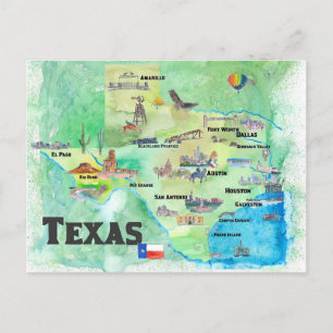 Reisplattegrond van Texas, VS met hoogtepunten Briefkaart