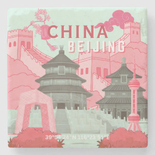 Reisposter Beijing China Mintgroene, Roze Kunst Stenen Onderzetter