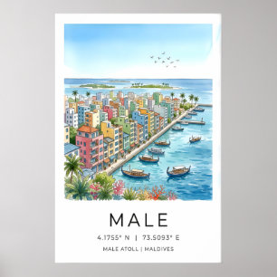 Reisposter Malediven, geïllustreerd stadsgezicht Poster