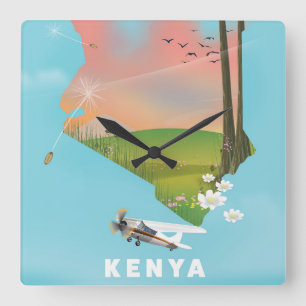 Reisposter met illustratie van Keniaanse kaart. Vierkante Klok