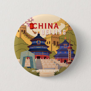 Reisposter Peking China   Aziatische Stad Muurkuns Ronde Button 5,7 Cm