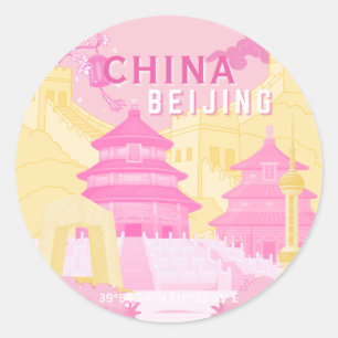 Reisposter Peking China Roze & Gele Kunst Ronde Sticker
