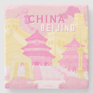 Reisposter Peking China Roze & Gele Kunst Stenen Onderzetter