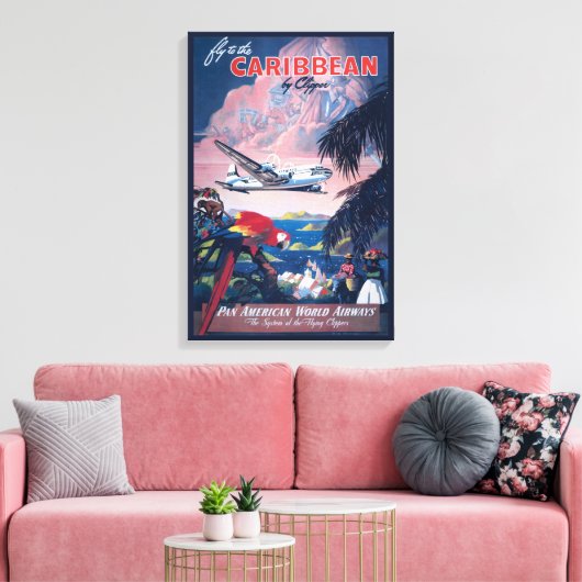 Reisposter van watervliegtuig vliegend over Caribi Canvas Afdruk (Insitu (Woonkamer))