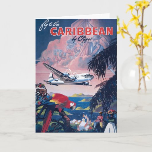 Reisposter van watervliegtuig vliegend over Caribi Kaart (Gele Bloem)