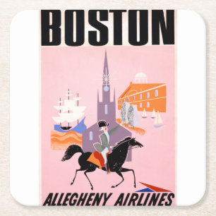 Reisposter voor Allegheny Airlines naar Boston Vierkante Kartonnen Onderzetter
