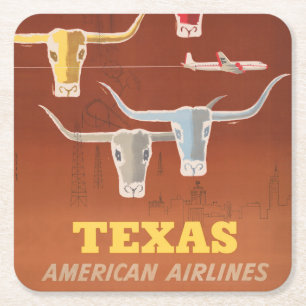 Reisposter voor American Airlines naar Texas Vierkante Kartonnen Onderzetter