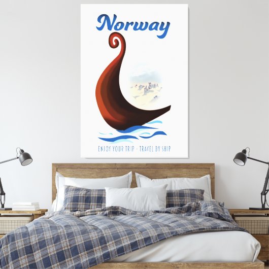 Reisposter voor langbootreizen in Noorwegen Canvas Afdruk (Insitu (Slaapkamer))