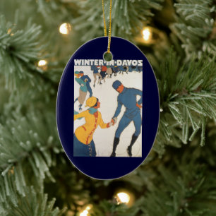 Reisreclame in vintage stijl, Art Deco, Winter Dav Keramisch Ornament