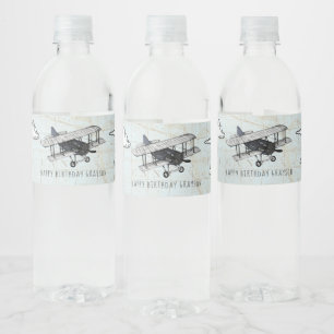 Reiswaterfleslabel met vintage vliegtuigmotief voo waterfles etiket