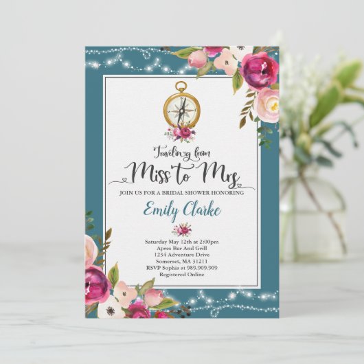 Reizen Bruids Douche Uitnodiging Miss Mrs Shower (Staand voorkant)