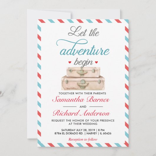 Reizen bruiloft uitnodiging Briefkaart rood blauw (Voorkant)