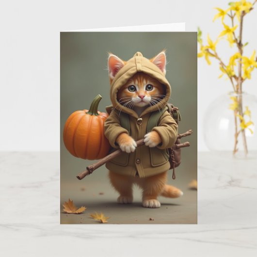 Reizen hobo kat met pompoen kaart (Gele Bloem)