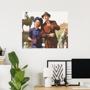 Reizen in oude stijl, toeristen op vakantie die si poster