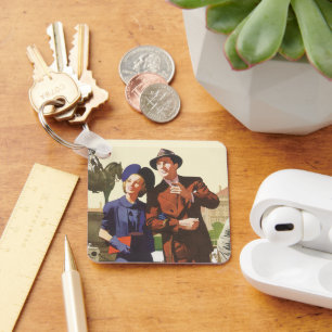 Reizen in oude stijl, toeristen op vakantie sights sleutelhanger