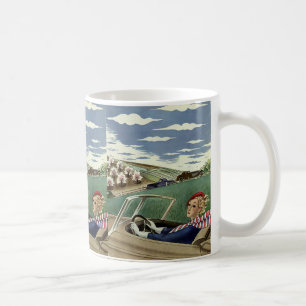 Reizen in stijl, elegante vrouw in cabriolet koffiemok