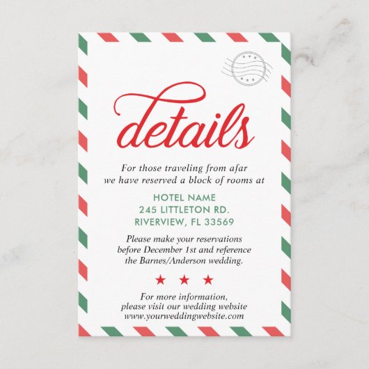 Reizen Rood Groen Kerstbruiloft Details Informatiekaartje (Voorkant)