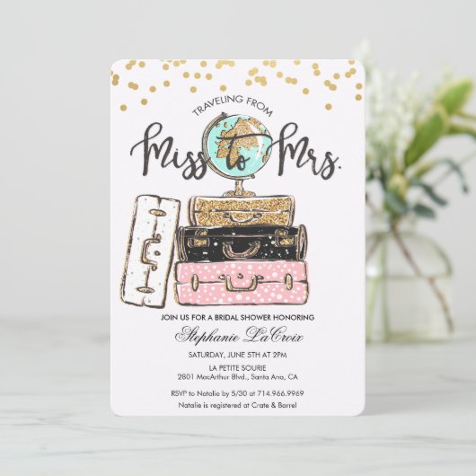 Reizen van Miss naar Mrs Bruidsuitnodiging Kaart (Staand voorkant)