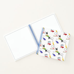 Reizigboekblad met rood geel blauw vliegtuig notitieboek