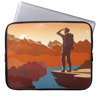 Reiziger of ontdekkingsreiziger met rugzak, die op laptop sleeve