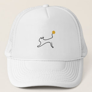 Rekkende kat éénlijnige tekening met gele zon trucker pet