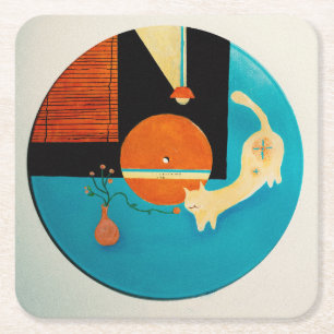 Rekkende Kat Retro Plaat Illustratie Vierkante Kartonnen Onderzetter
