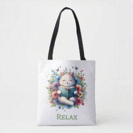 “Relax” cat reading tote bag