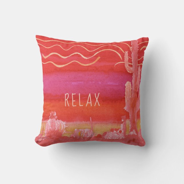 Relax Pink Bohemian BOHO Desert Cactus Waterverf Kussen (Voorkant)