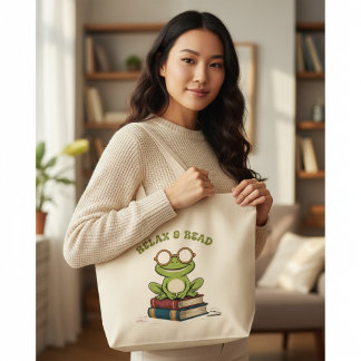Relax & Read Cute Frog on Books | Funny Bookworm  Grote Tote Bag