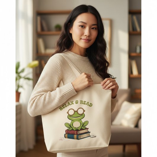 Relax & Read Cute Frog on Books | Funny Bookworm  Grote Tote Bag